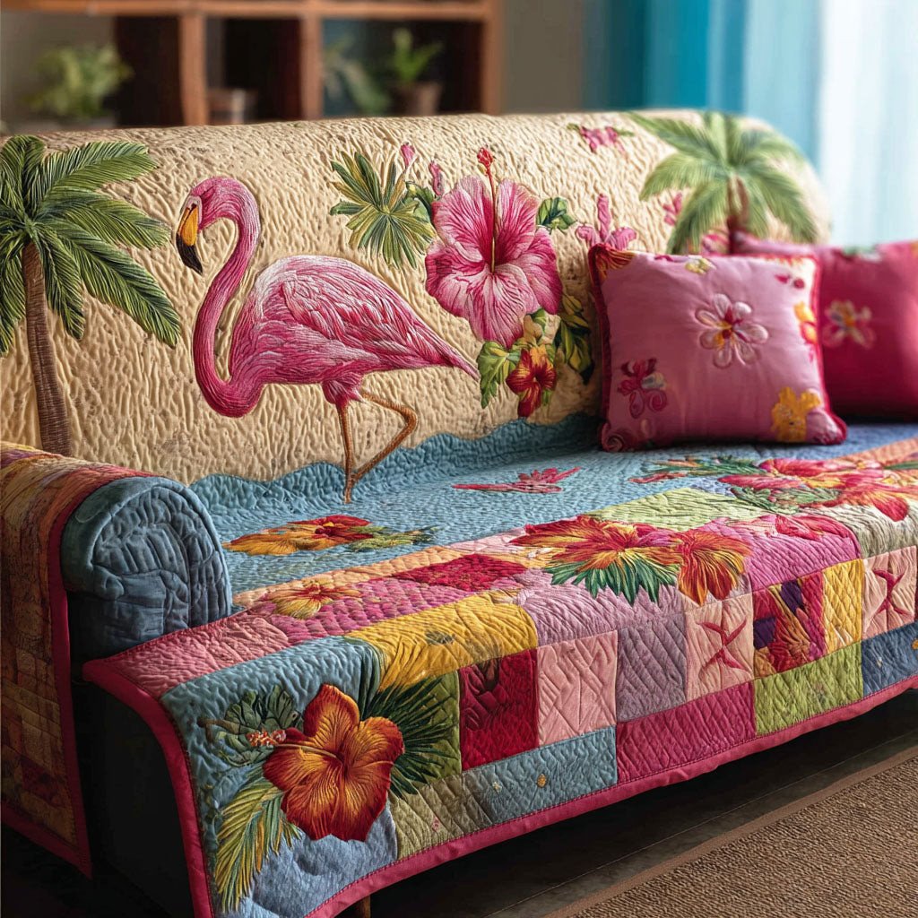 Coastal Flamingo Quilted Sofa Cover Pink Flamingo Floral Quilt Sofa Cover Gifts For Wife