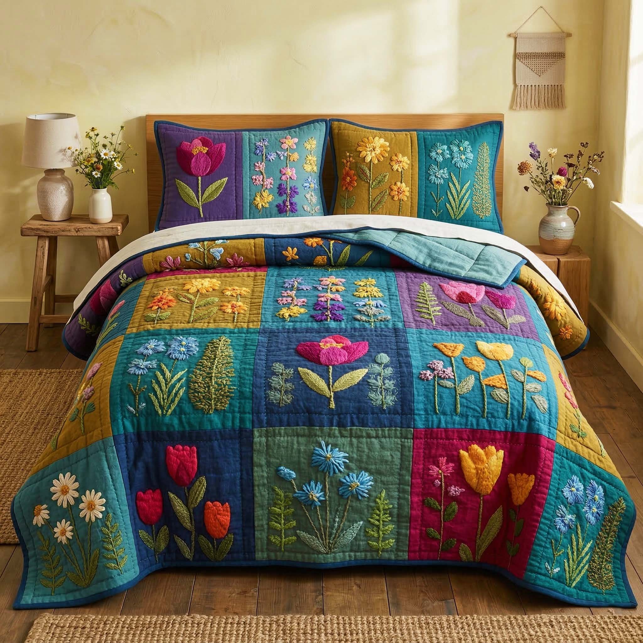 Garden Quilted Bedding Set Patchwork Flower Bedding Set Cool Gifts For Mother