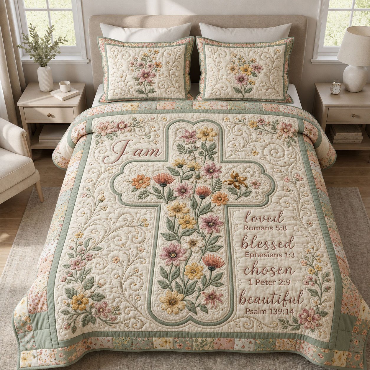 Bible Verse Floral Quilted Bedding Set Love Blessed Chosen Beautiful Home Decor_