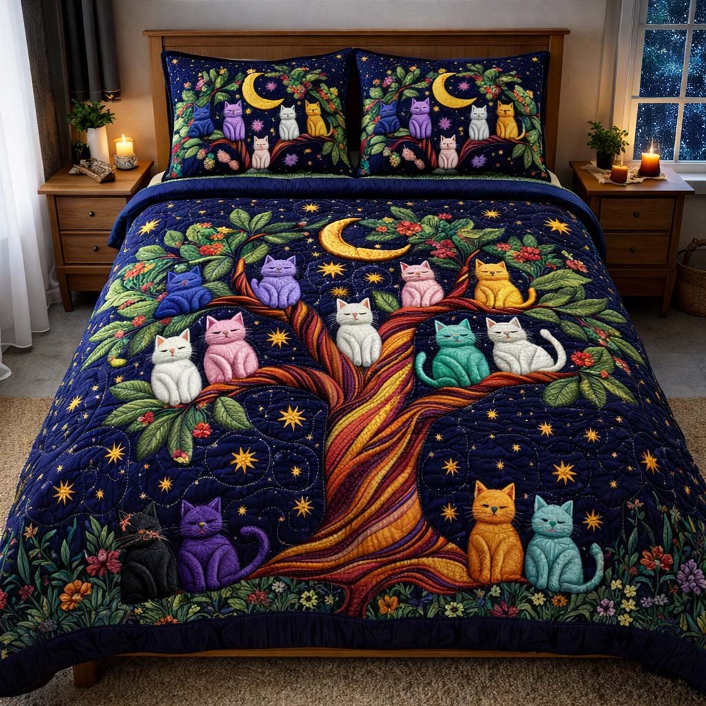 Adorable Cats Quilted Bedding Set Aesthetic Room Ideas Gift For Cat Lovers