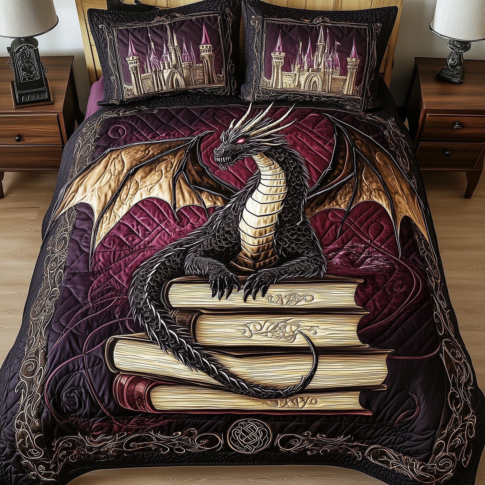 Majestic Dragon Quilted Bedding Set Fantasy Book Stack Bedspreads King Gift For Mom