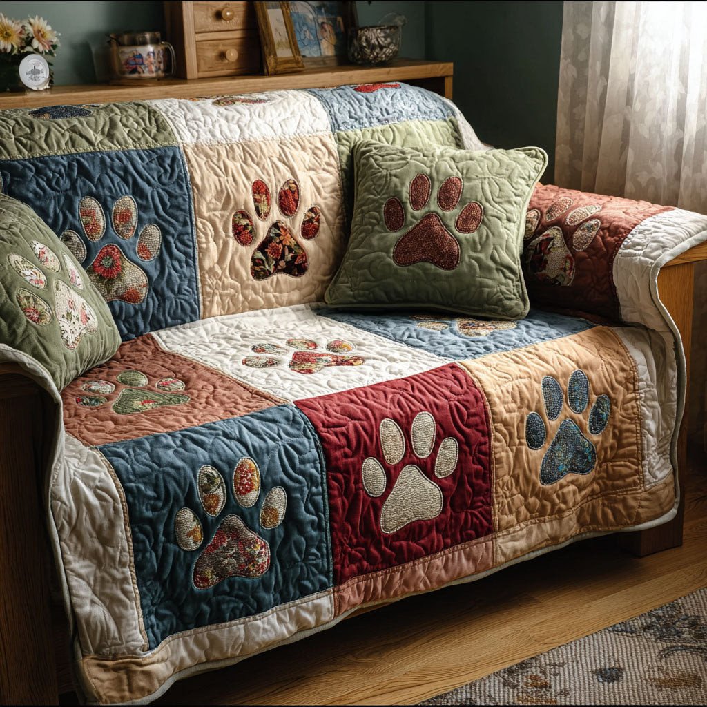 Classic Paw Quilted Sofa Cover Paw Patchwork Cover Sofa Gift For Pet Lovers