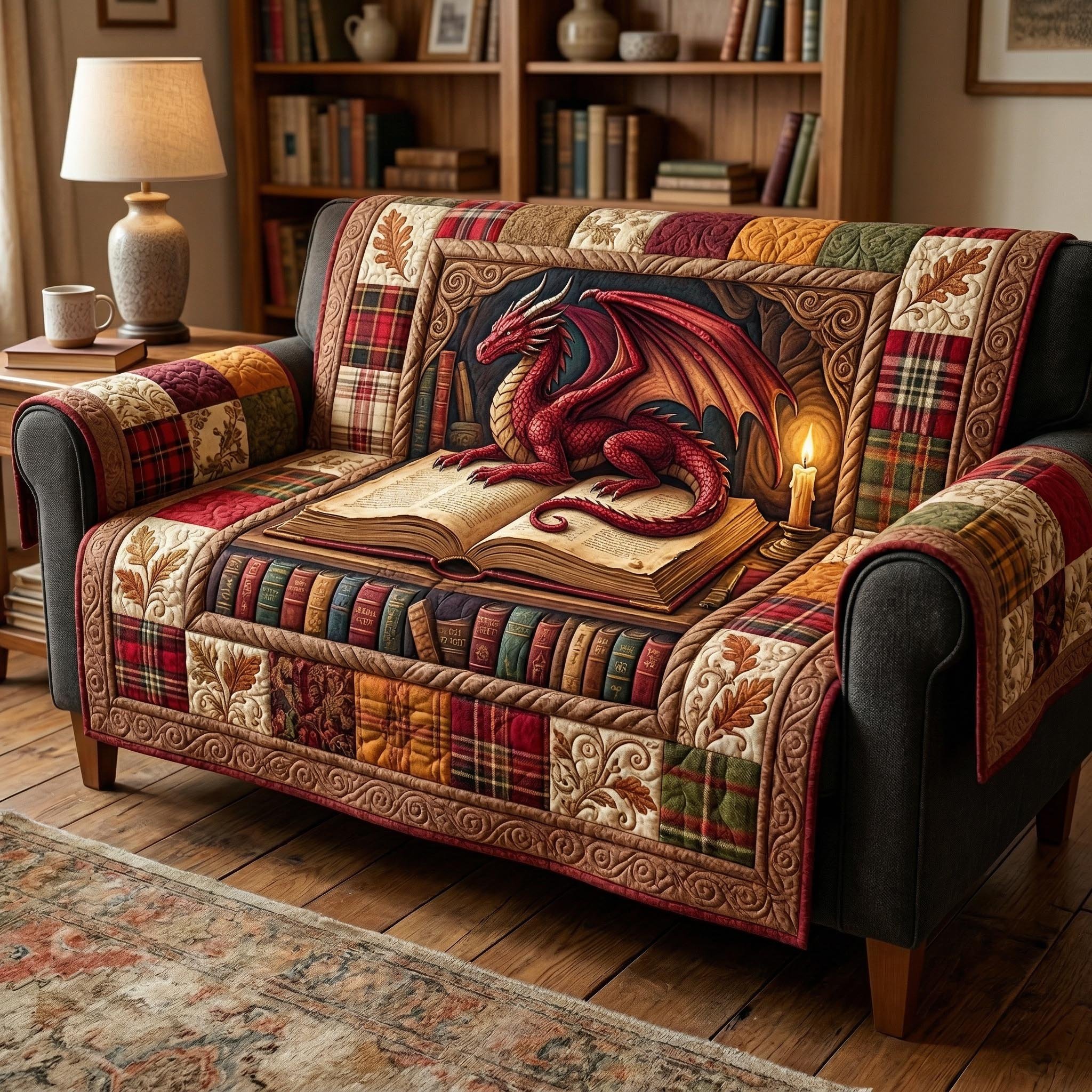 Dragon Library Quilted Sofa Cover Antique Books Sofa Cover Gift For Writers