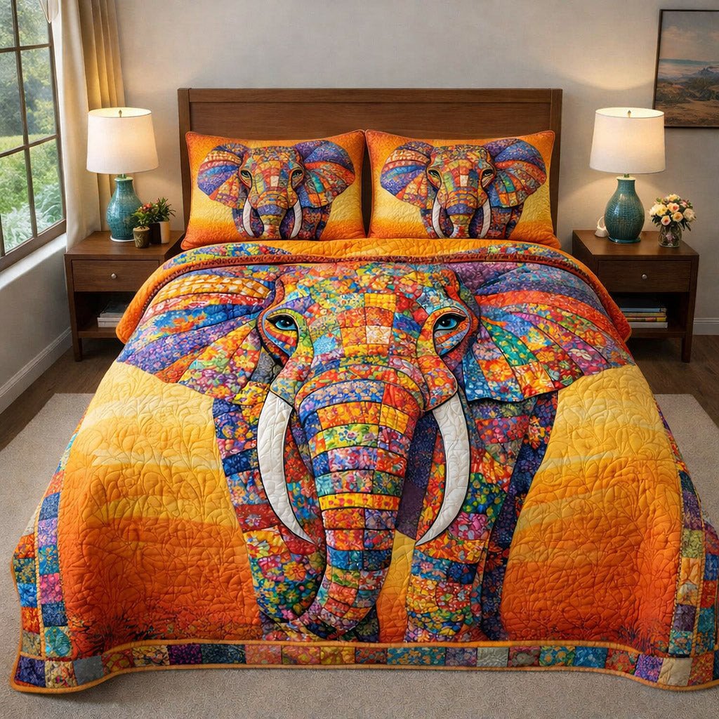 Majestic Tusker Quilted Bedding Set  Colorful Tribal Elephant Bedspreads King Animal Lover Gift