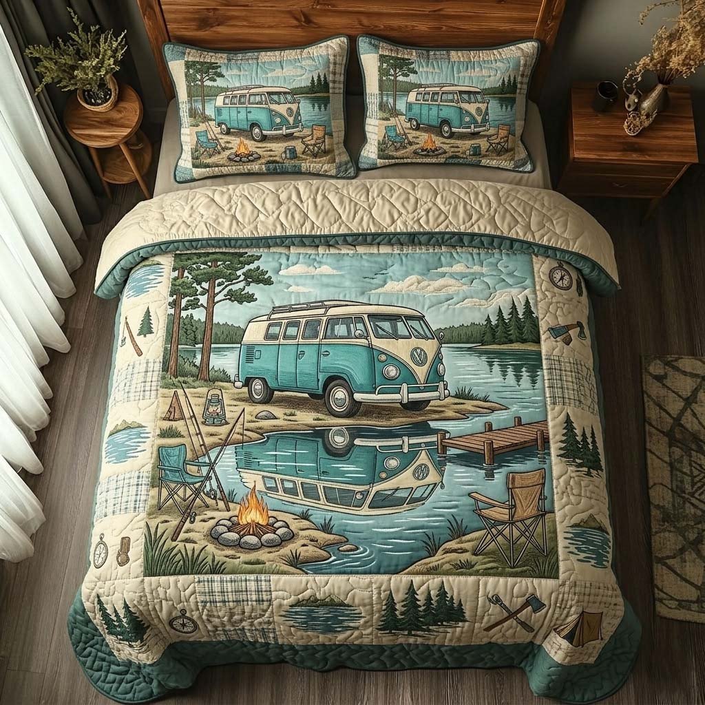 Lake Camper Quilted Bedding Set Camping Comforter Sets Gift For Men