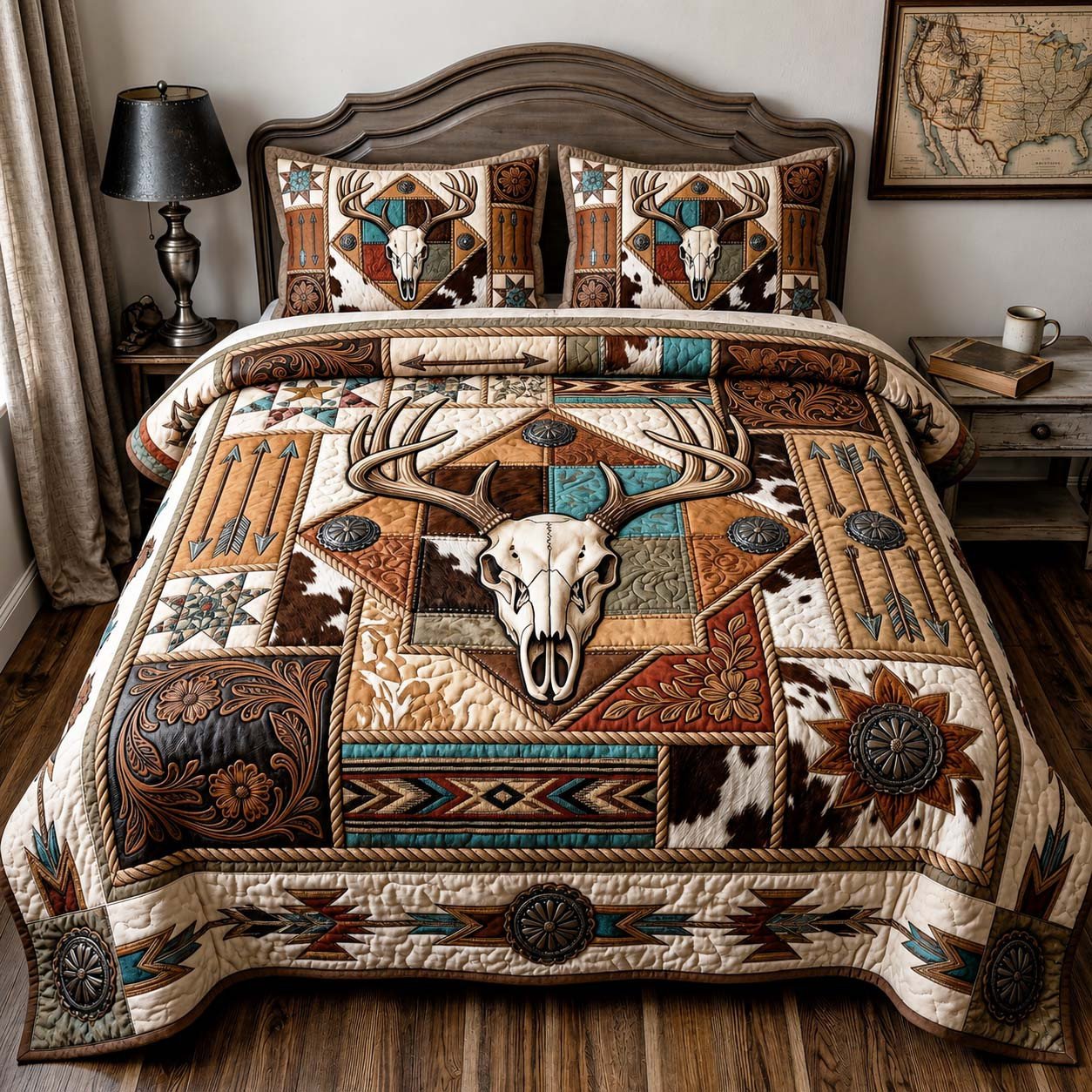 Cowhide Antlers Quilted Bedding Set Rustic Deer Skull Bedding Set Gift For Brother
