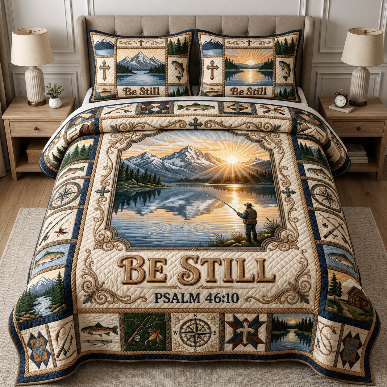 Fishing Be Still Quilted Bedding Set Christian Bedding Set Best Father_s Day Gifts