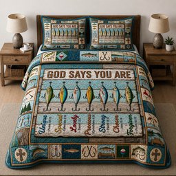 Fishing God Says You Are Quilted Bedding Set Faith Bedding Set Christian Gift Fisherman