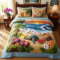 Tropical Turtle Quilted Bedding Set Summer Beach Sea Turtle Comforter Cover Gift For Mom