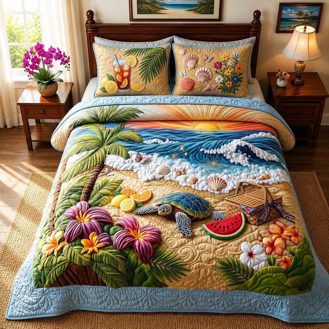 Tropical Turtle Quilted Bedding Set Summer Beach Sea Turtle Comforter Cover Gift For Mom