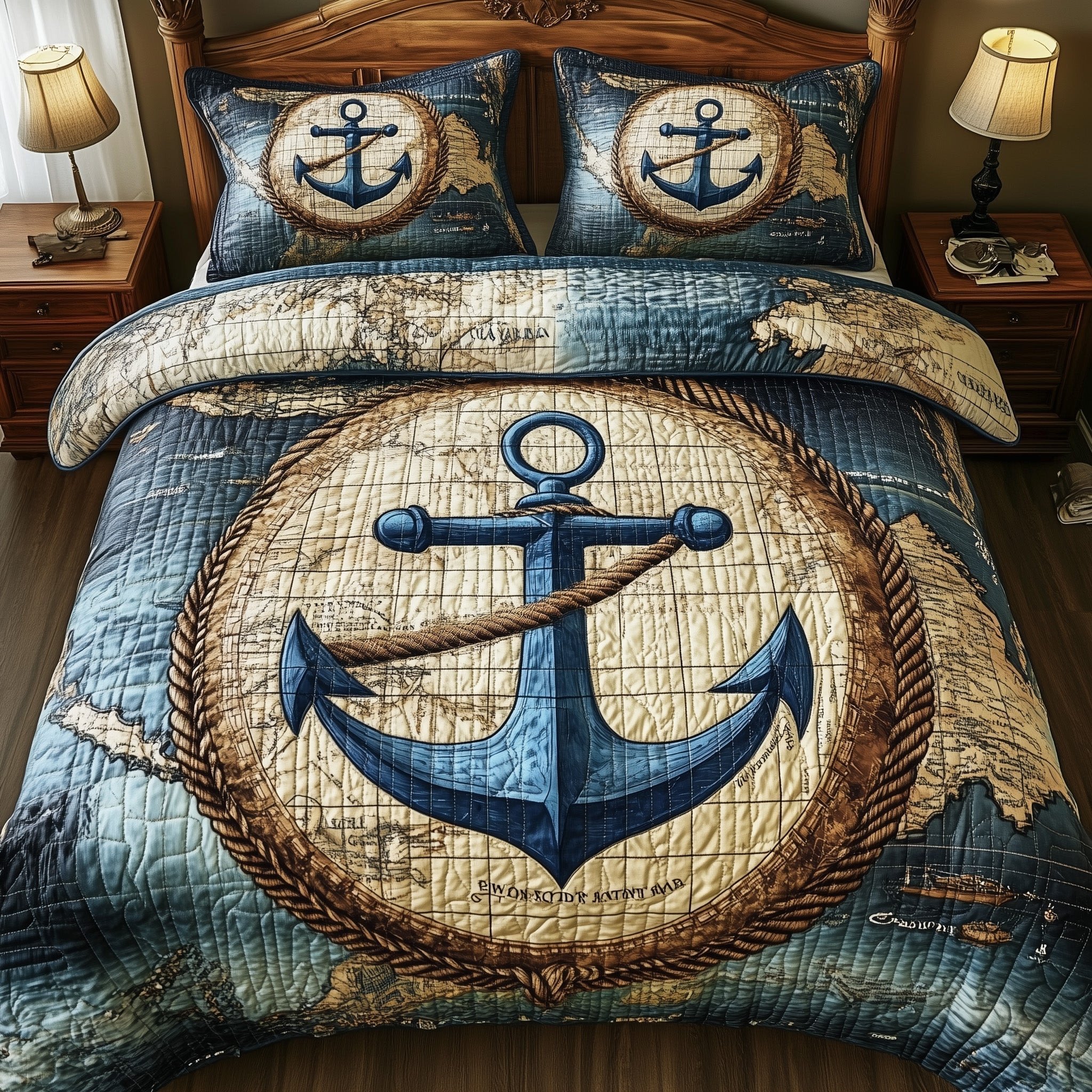 Nautical Anchor Quilted Bedding Set Ocean Wave Compass Duvet Covers Gift Idea