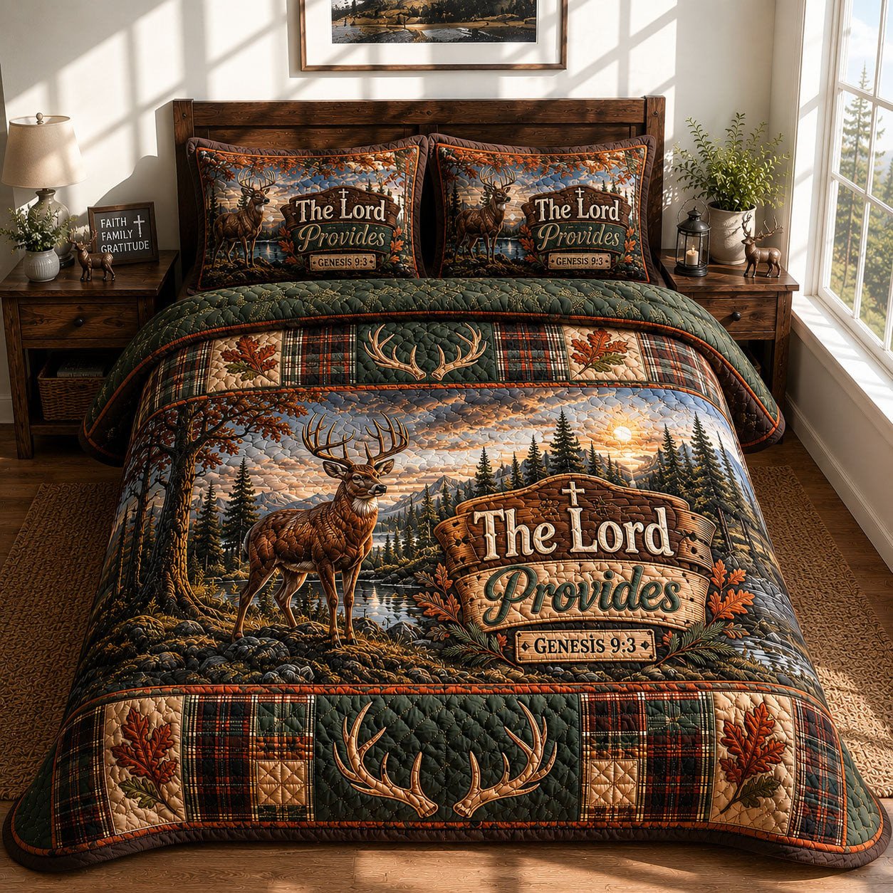 The Lord Provides Deer Lake Quilted Bedding Set Christian Bible Verse Duvet Covers Gift Idea