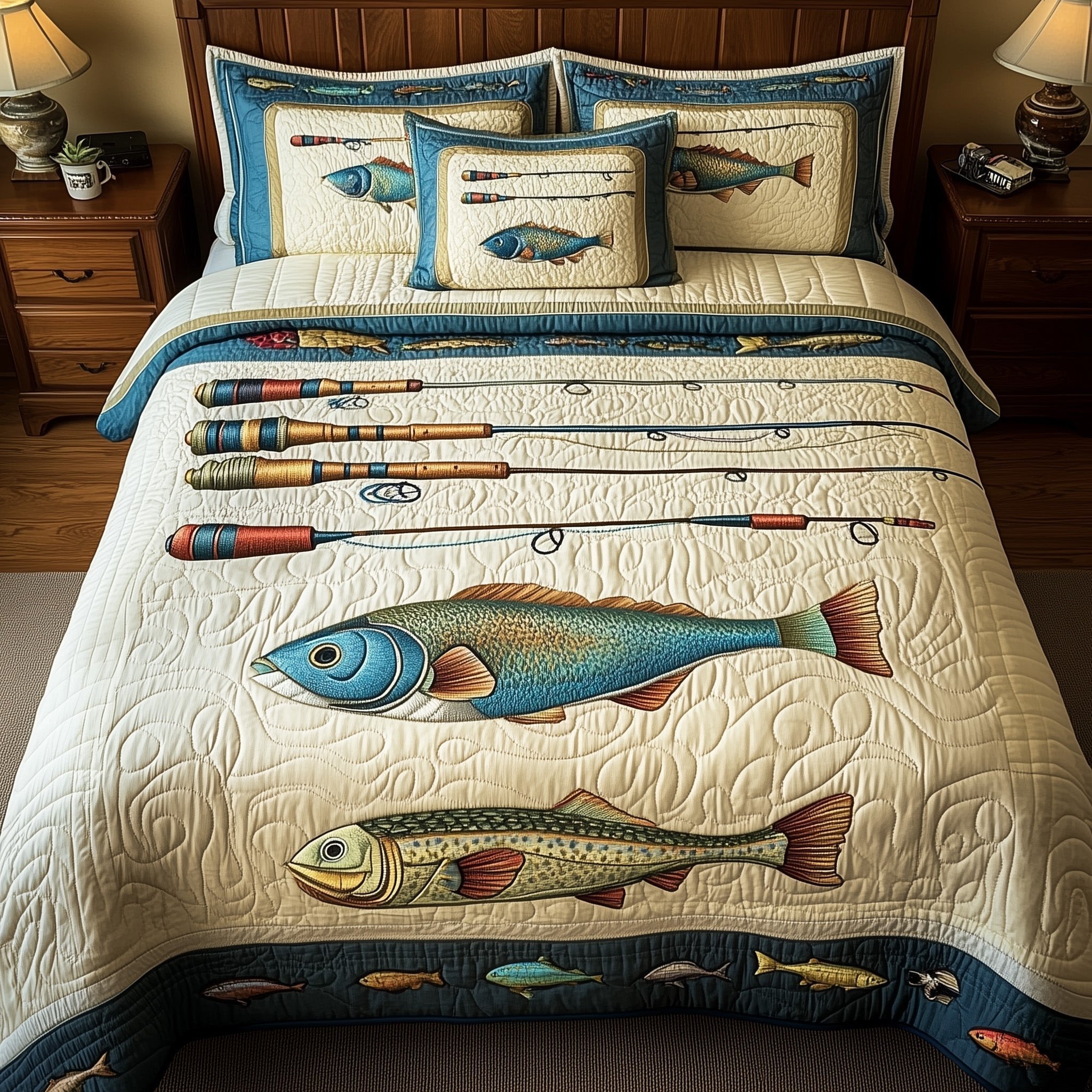 Fishing Quilted Bedding Set Largemouth Bass Art Bedroom Decor Dad_s Favorite Gifts