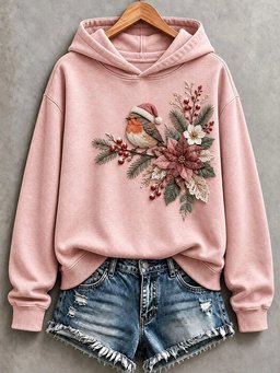 Floral And Bird Patchwork Art Hoodie Women_s Christmas Party Outfits Gifts For Grandma