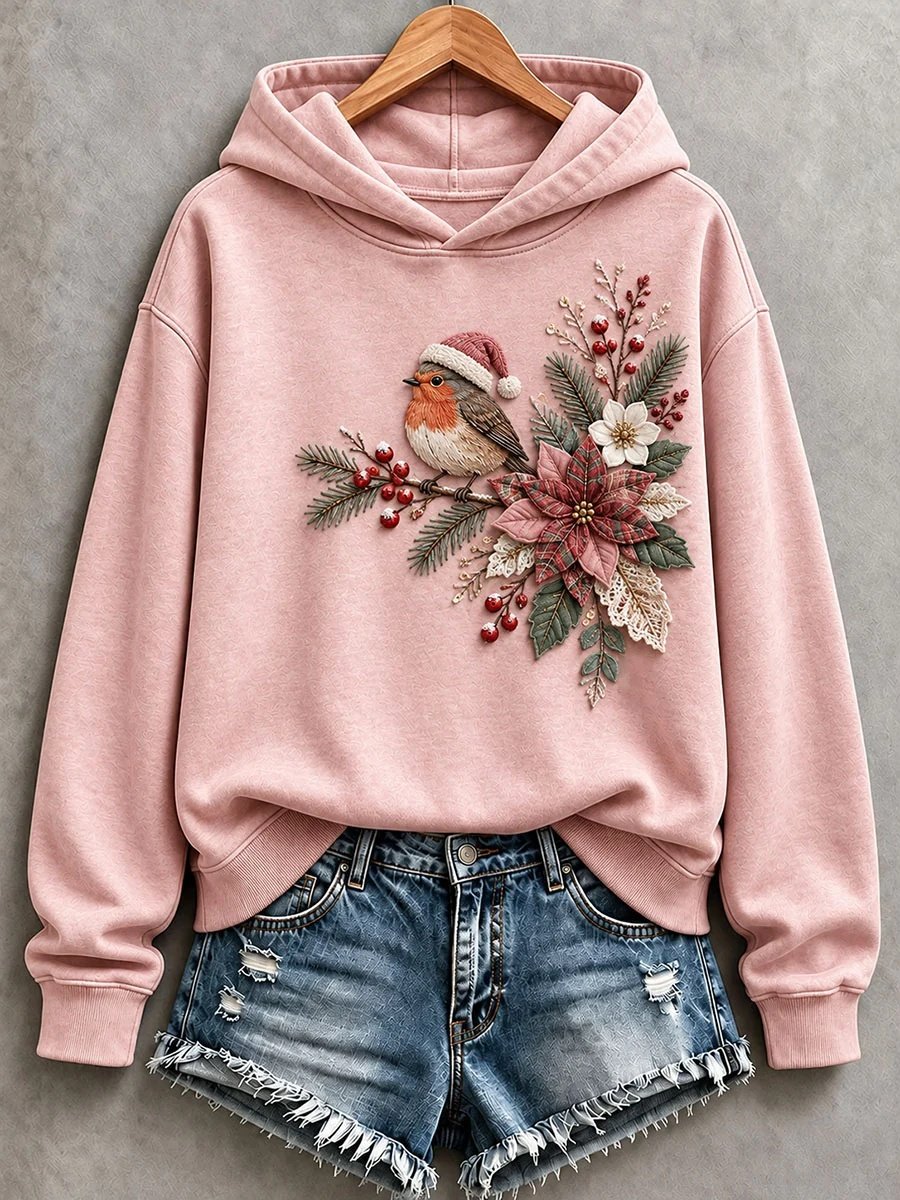 Floral And Bird Patchwork Art Hoodie Women_s Christmas Party Outfits Gifts For Grandma