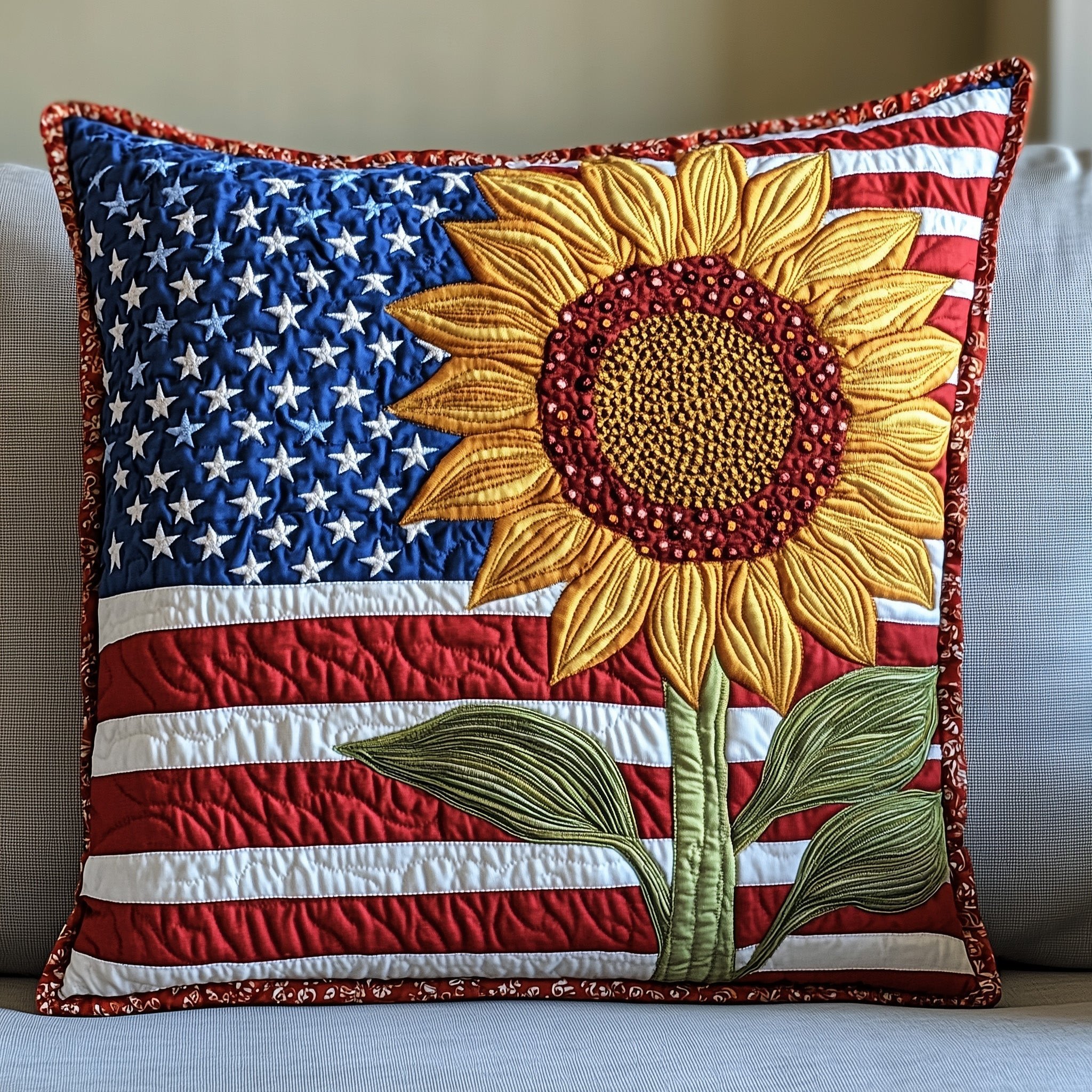 Sunflower Quilted Pillow Case Vintage Americana Couch Pillows Gift Ideas For Dad