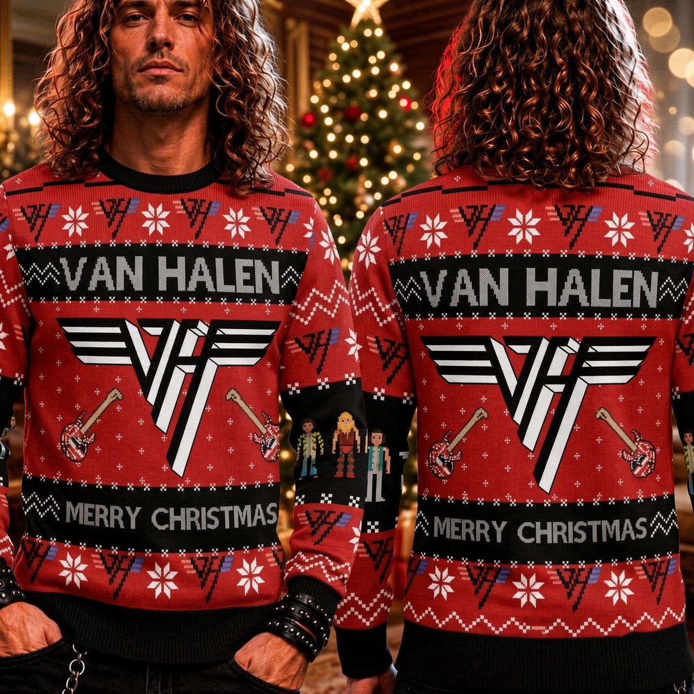 Van Halen Rock Band Logo Frankenstrat Guitar Ugly Christmas Sweater Van Halen Xmas Wear