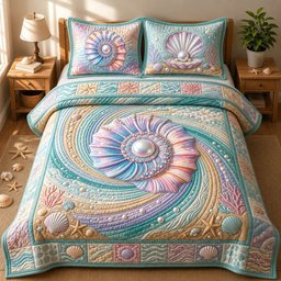 Seashell Quilted Bedding Set Iridescent Ocean Comforter Cover Beach House Room Decor_