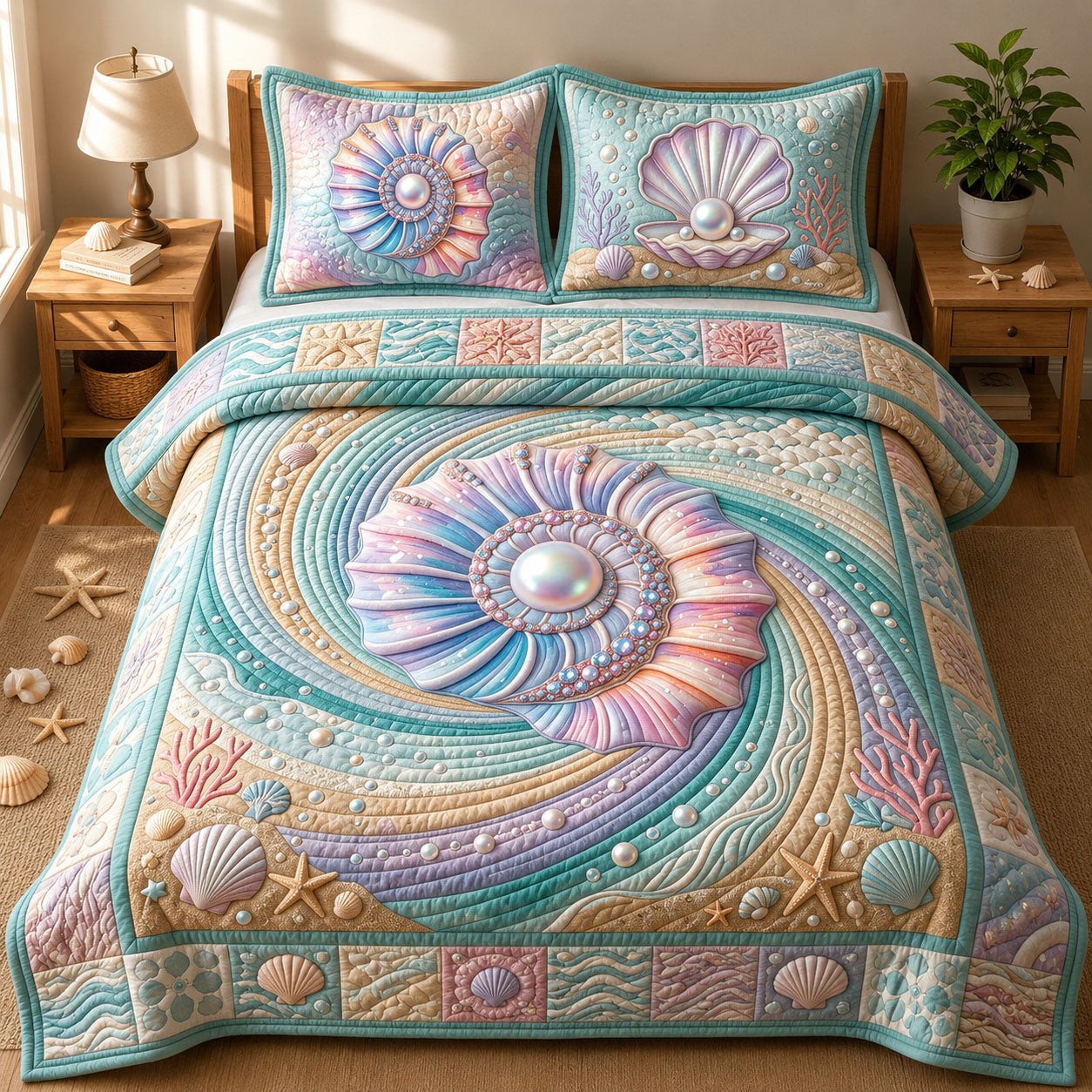 Seashell Quilted Bedding Set Iridescent Ocean Comforter Cover Beach House Room Decor_