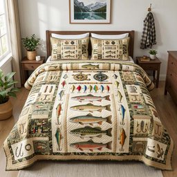 Vintage Tackle Quilted Bedding Set Fishing Lure Bedspreads King Fisherman Gift_