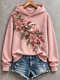 Floral And Bird Patchwork Art Hoodie Women_s Christmas Party Apparel Gifts For Friends