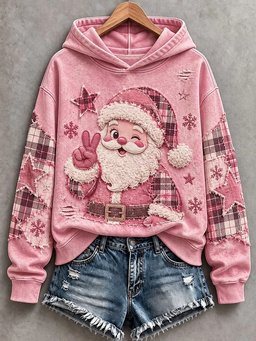 Pink Santa Patchwork Art Hoodie Women_s Vintage Holiday Xmas Gear Mom Gifts