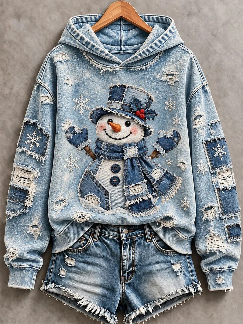 Christmas Snowman Print Hoodie Women_s Vintage Christmas Apparel Gift For Her