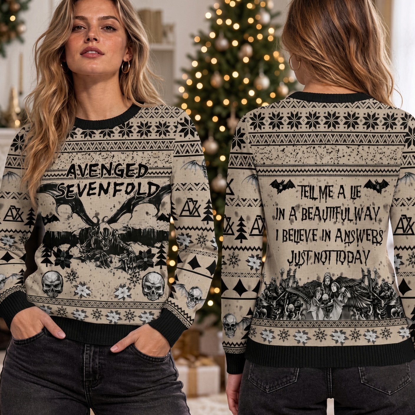 Avenged Sevenfold Deathbat Skull Gothic Ugly Christmas Sweater Avenged Sevenfold Xmas Gear