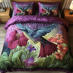 Hummingbird Haven Quilted Bedding Set Tropical Hibiscus Floral Full Size Sheets Gift For Husband