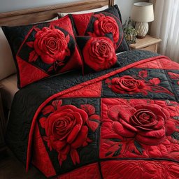 Rose Garden Quilted Bedding Set Gothic Red Rose Bedspreads King Gift For Mom