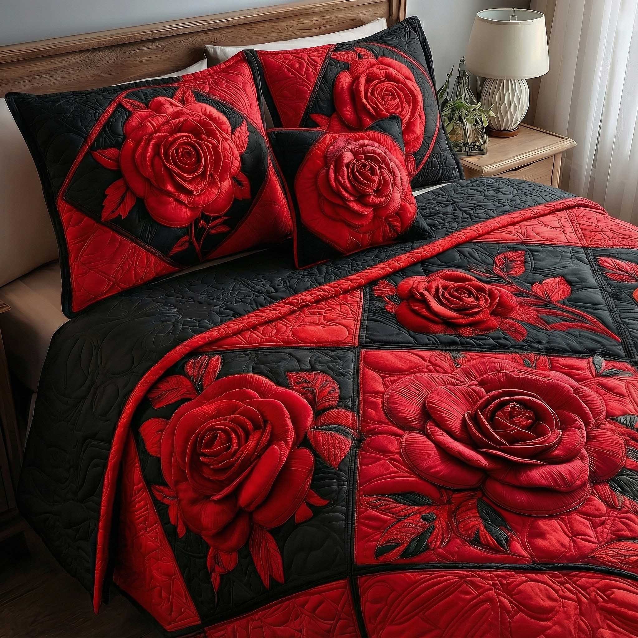 Rose Garden Quilted Bedding Set Gothic Red Rose Bedspreads King Gift For Mom