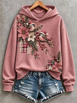 Floral And Bird Patchwork Art Hoodie Women_s Christmas Wear Gifts For Friends