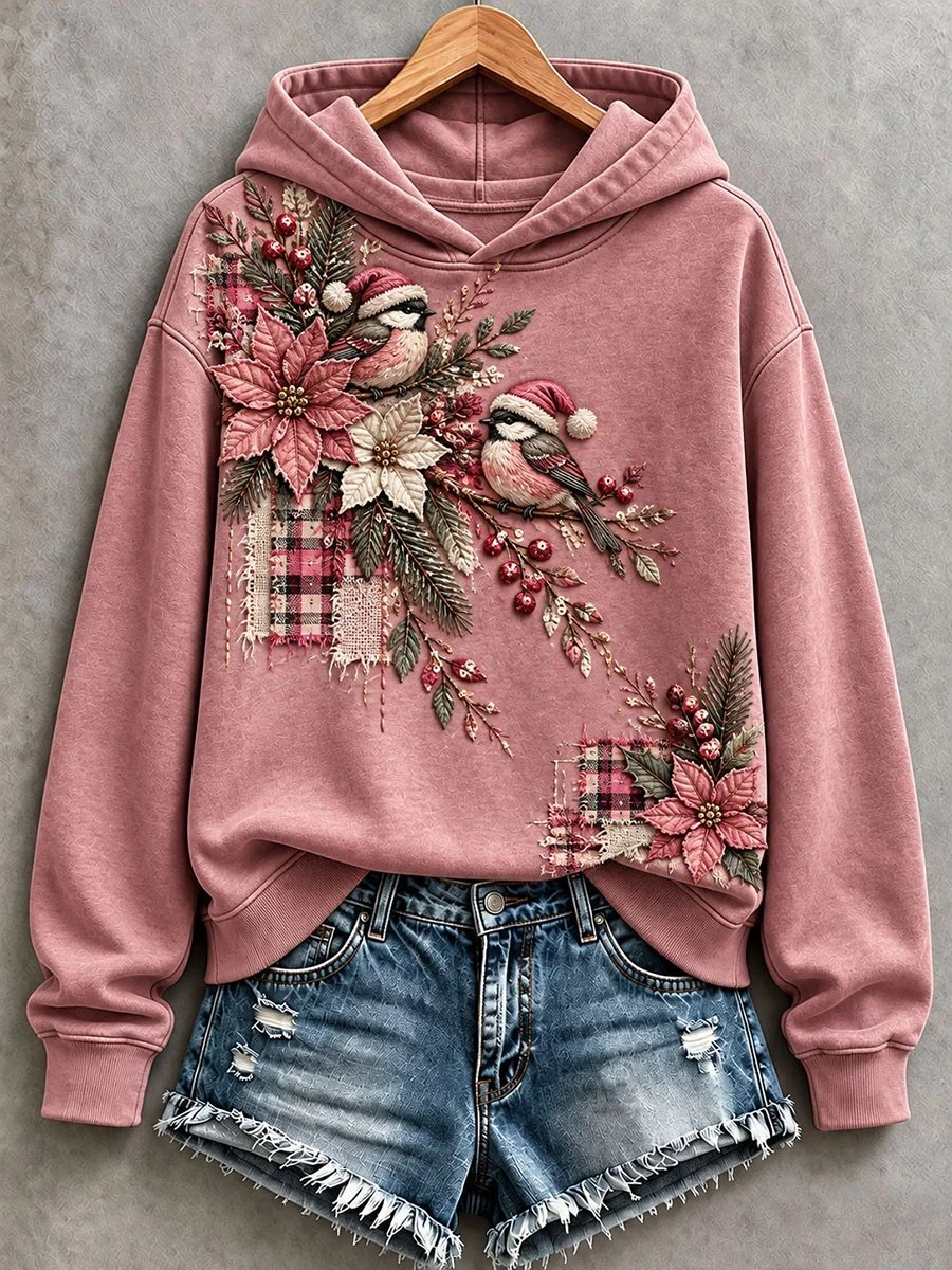 Floral And Bird Patchwork Art Hoodie Women_s Christmas Wear Gifts For Friends