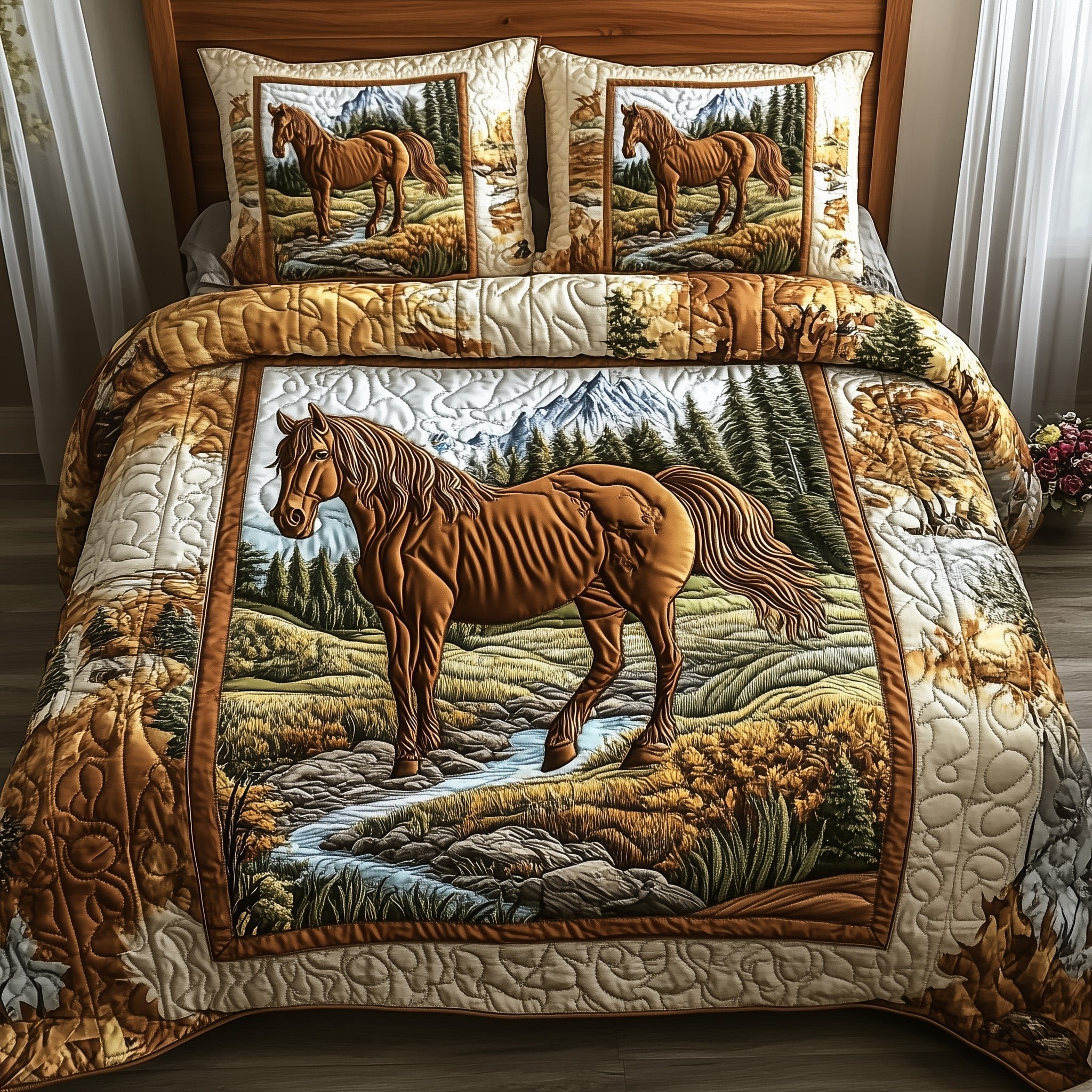 Wild Horse Quilted Bedding Set Running Stallion Comforter Cover Gift For Dad