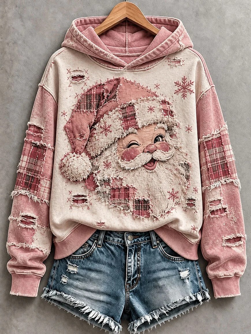Vintage Pink Santa Hoodie Women_s Christmas Apparel Xmas Gifts For Sister