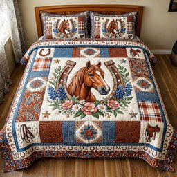 Wild Spirit Quilted Bedding Set Western Horseshoe Comforter Cover Horse Lover Gift_