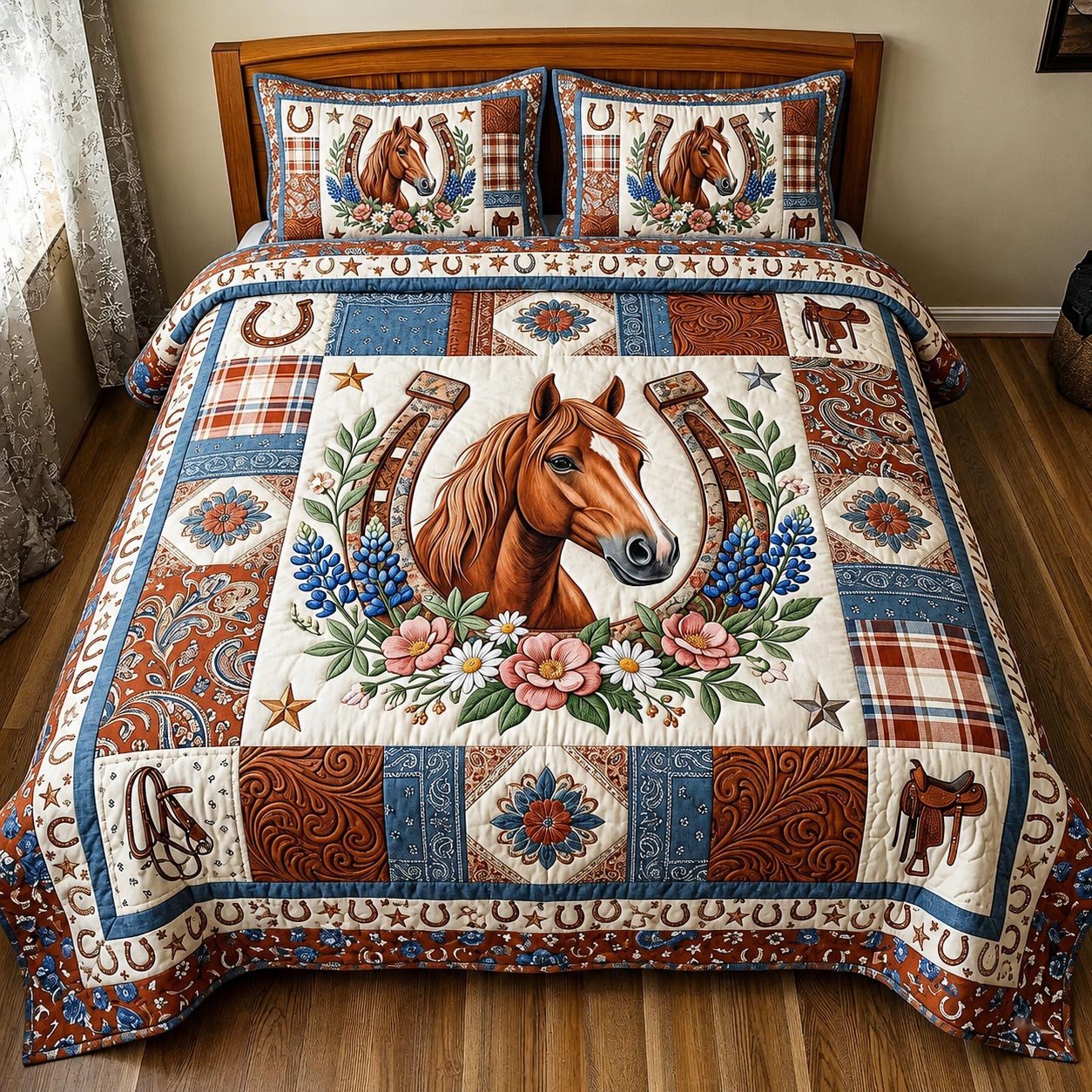 Wild Spirit Quilted Bedding Set Western Horseshoe Comforter Cover Horse Lover Gift_