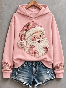 Pink Santa Patchwork Art Hoodie Women_s Winter Festive Apparel Xmas Gifts For Wife