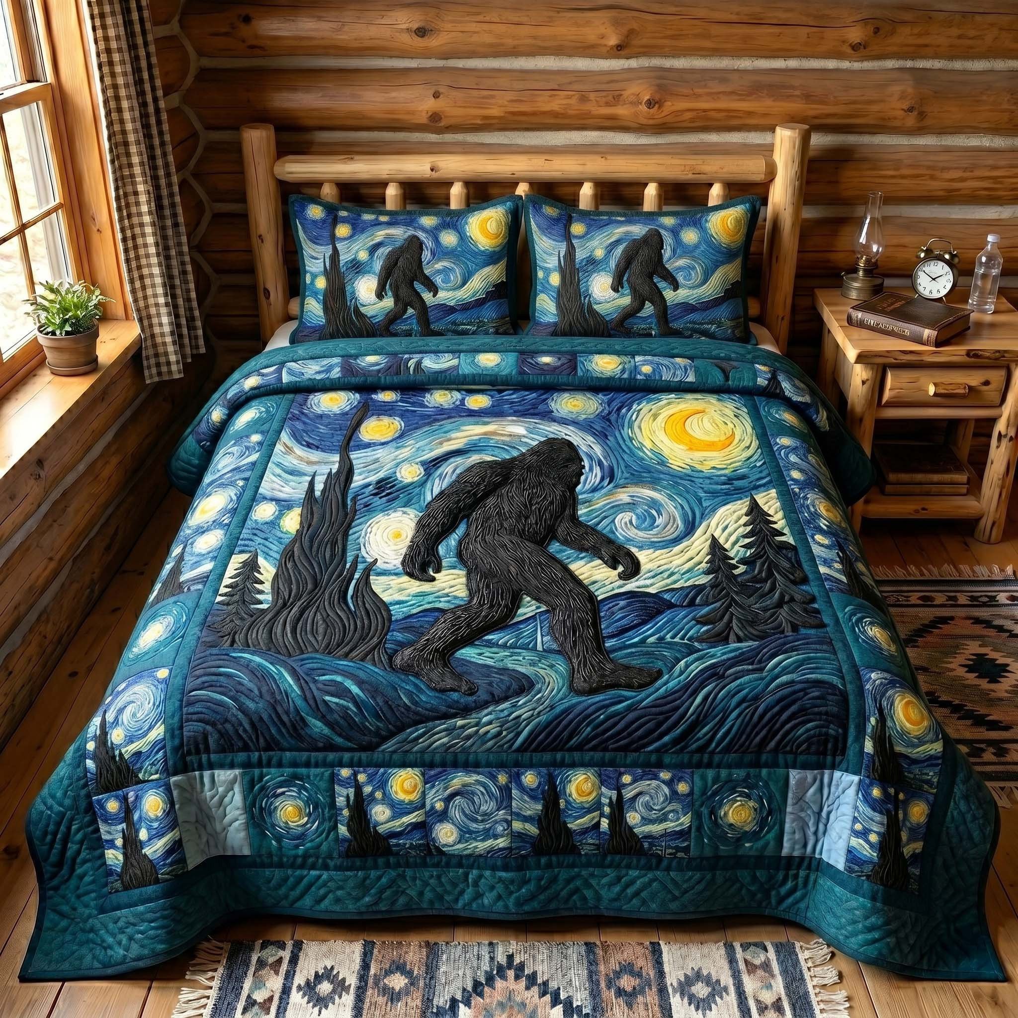 Mystic Sasquatch Quilted Bedding Set  Starry Night Bigfoot Duvet Covers King Gift For Him