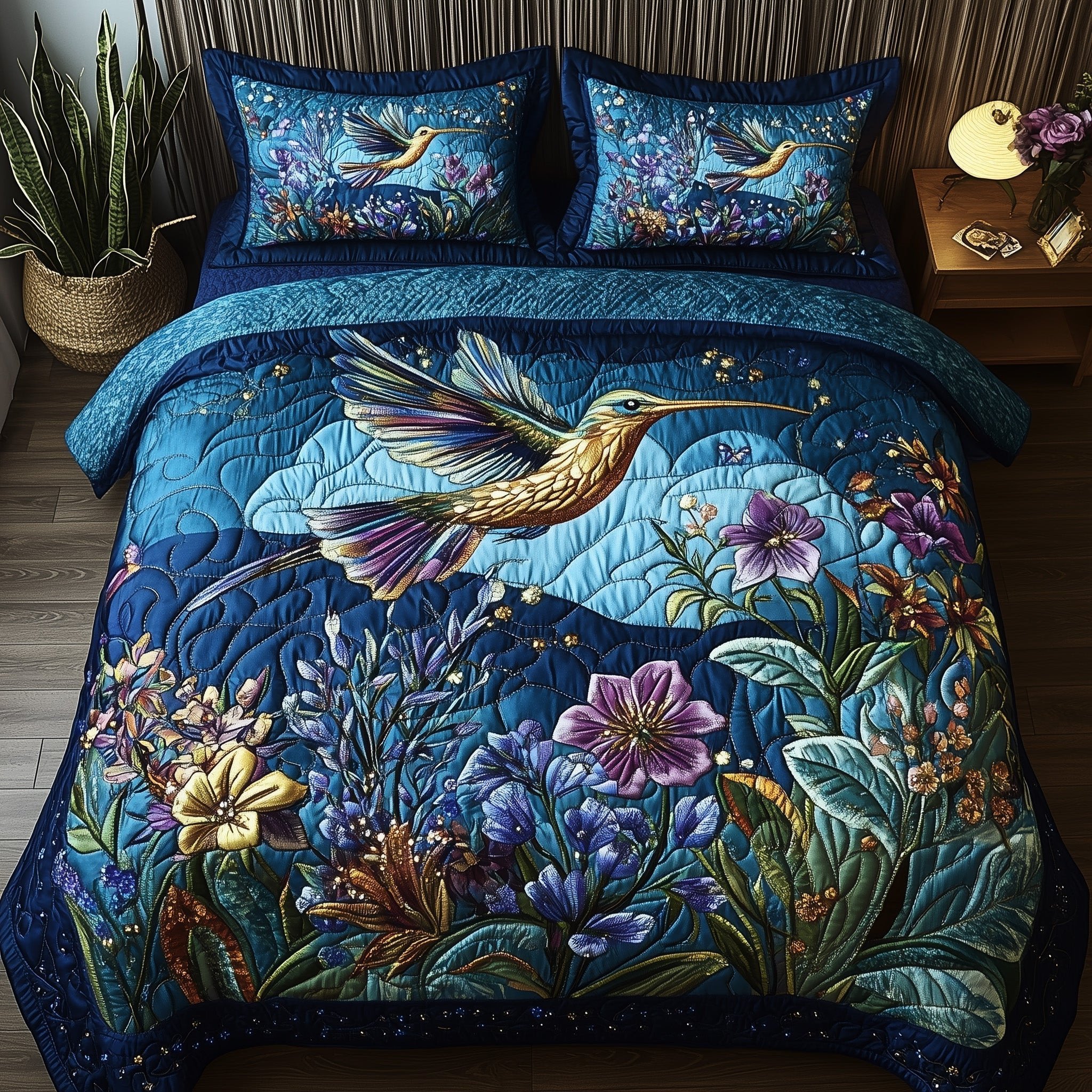 Sparkling Hummingbird Quilted Bedding Set Night Garden Comforter Sets Gift For Her