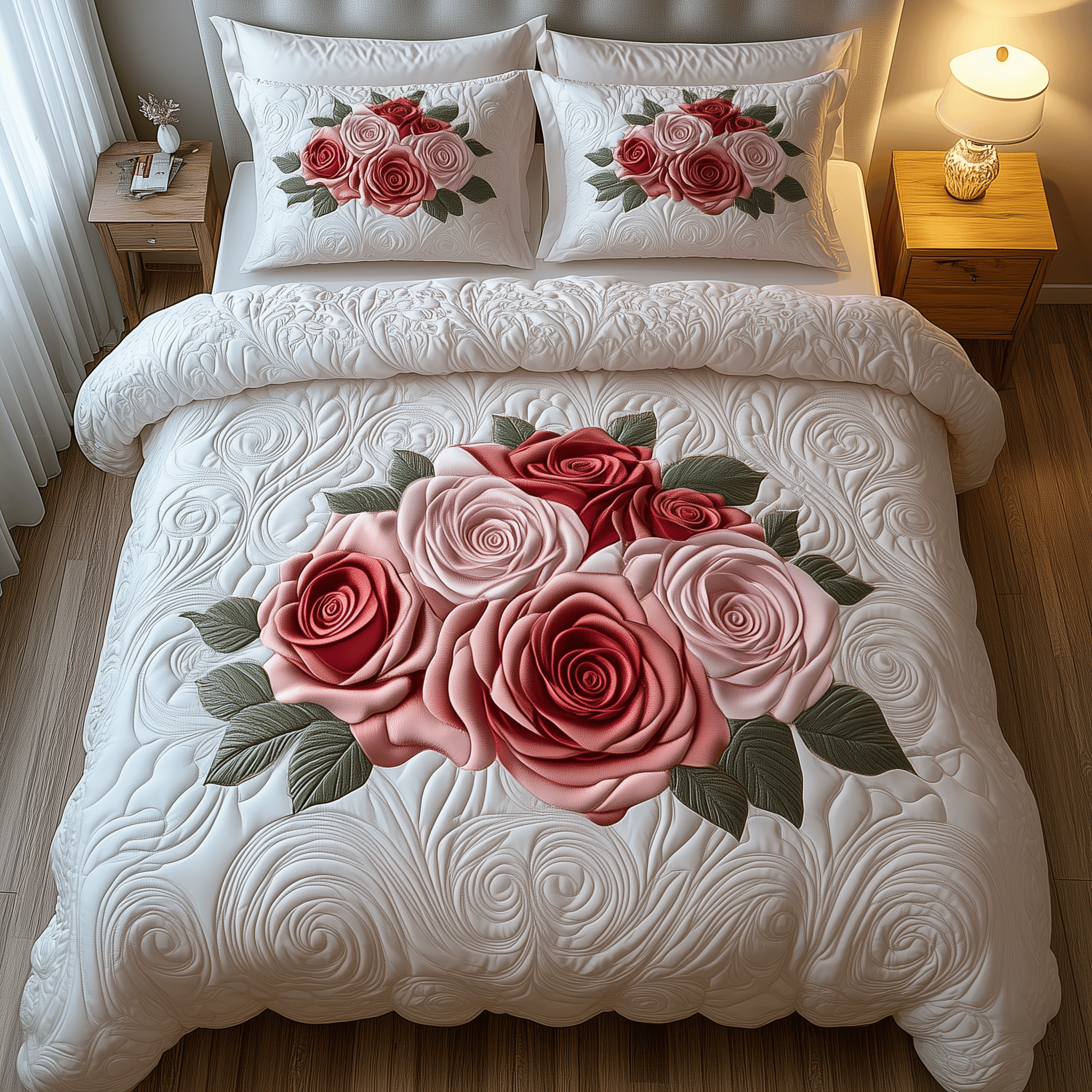 Vintage Roses Quilted Bedding Set Elegant Rose Duvet Covers King Gift For Girlfriend