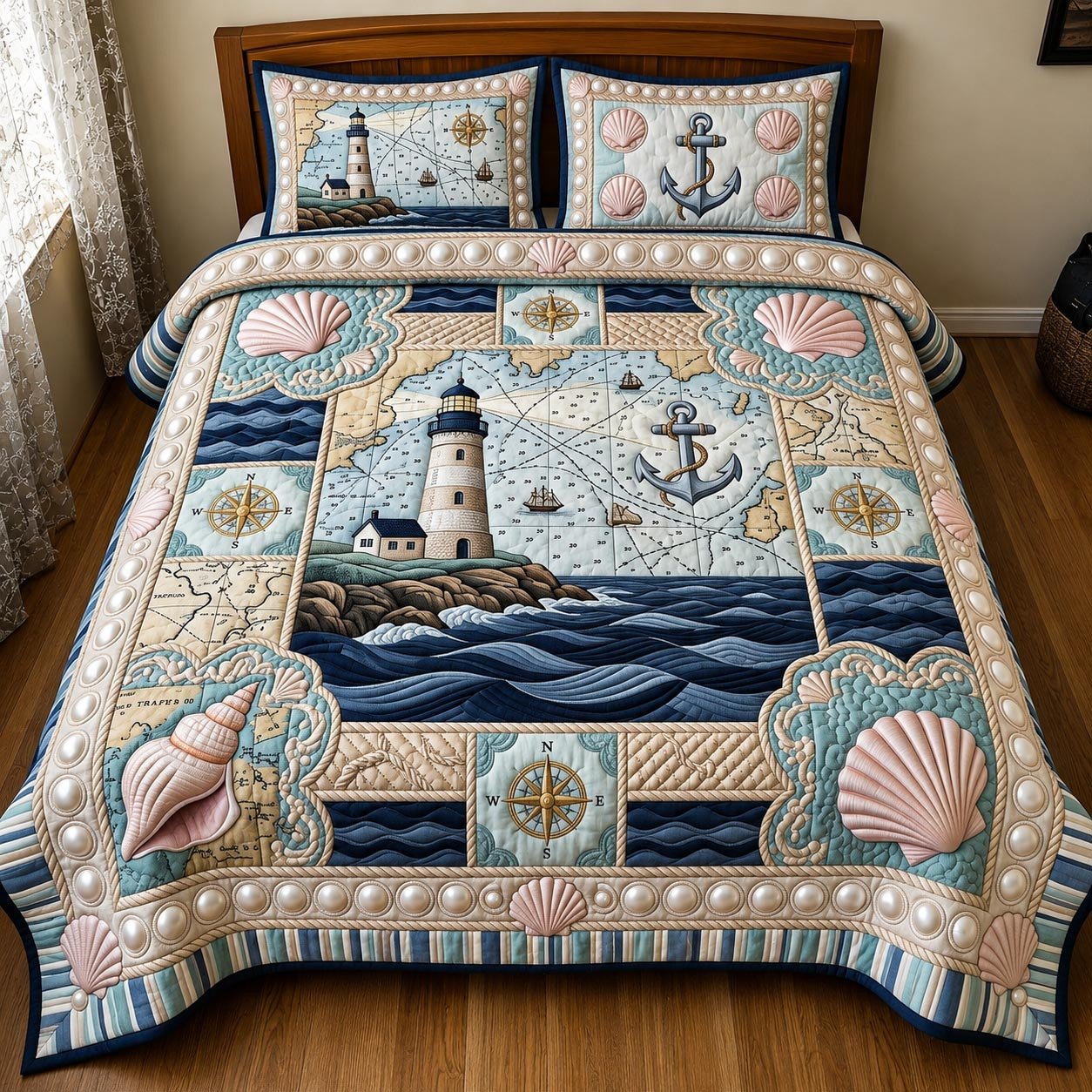 Sea Escape Quilted Bedding Set Nautical Lighthouse Christmas Comforter Full Size Sheets Gift Idea
