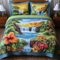 Summer Paradise Quilted Bedding Set Tropical Waterfall Duvet Covers Gift For Her