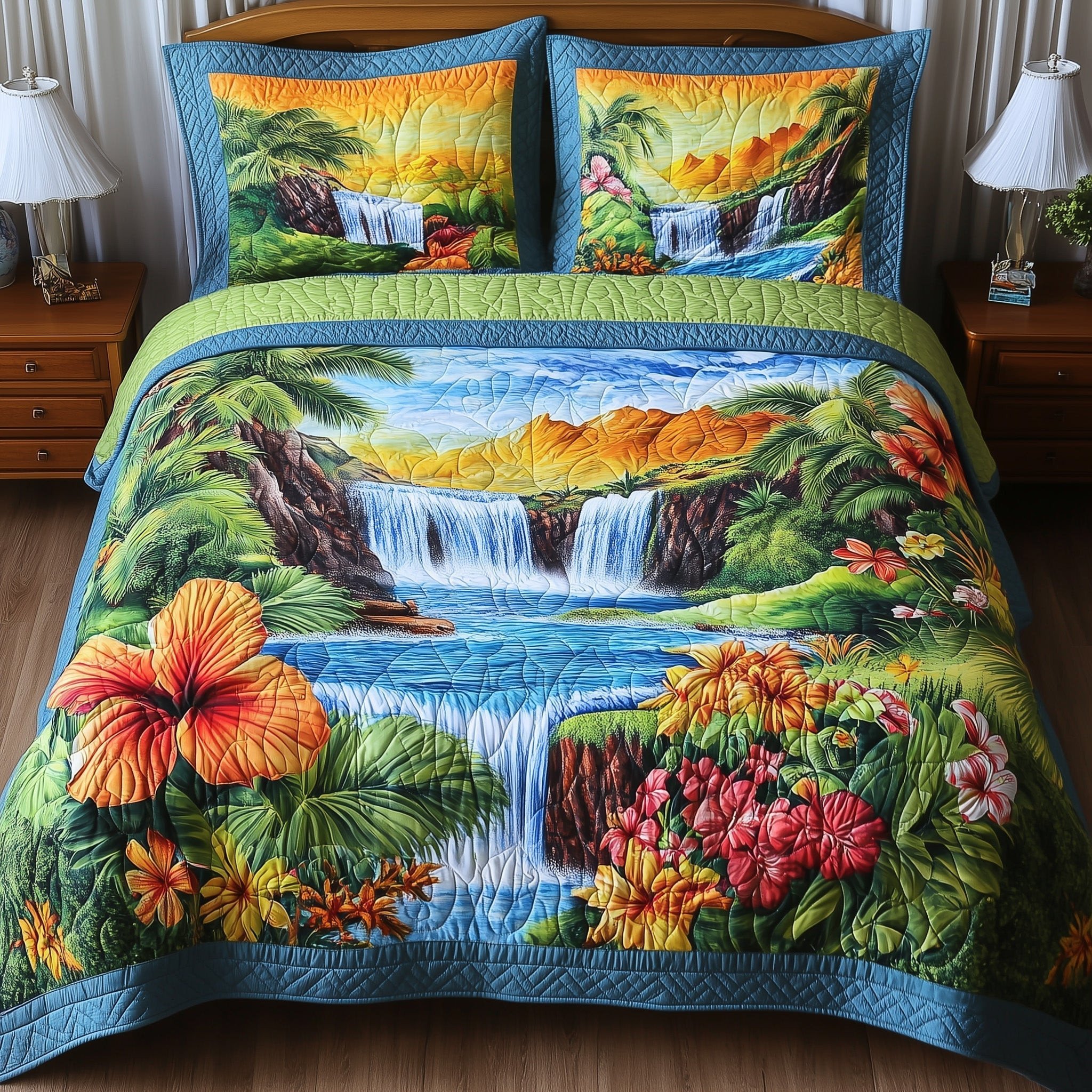 Summer Paradise Quilted Bedding Set Tropical Waterfall Duvet Covers Gift For Her