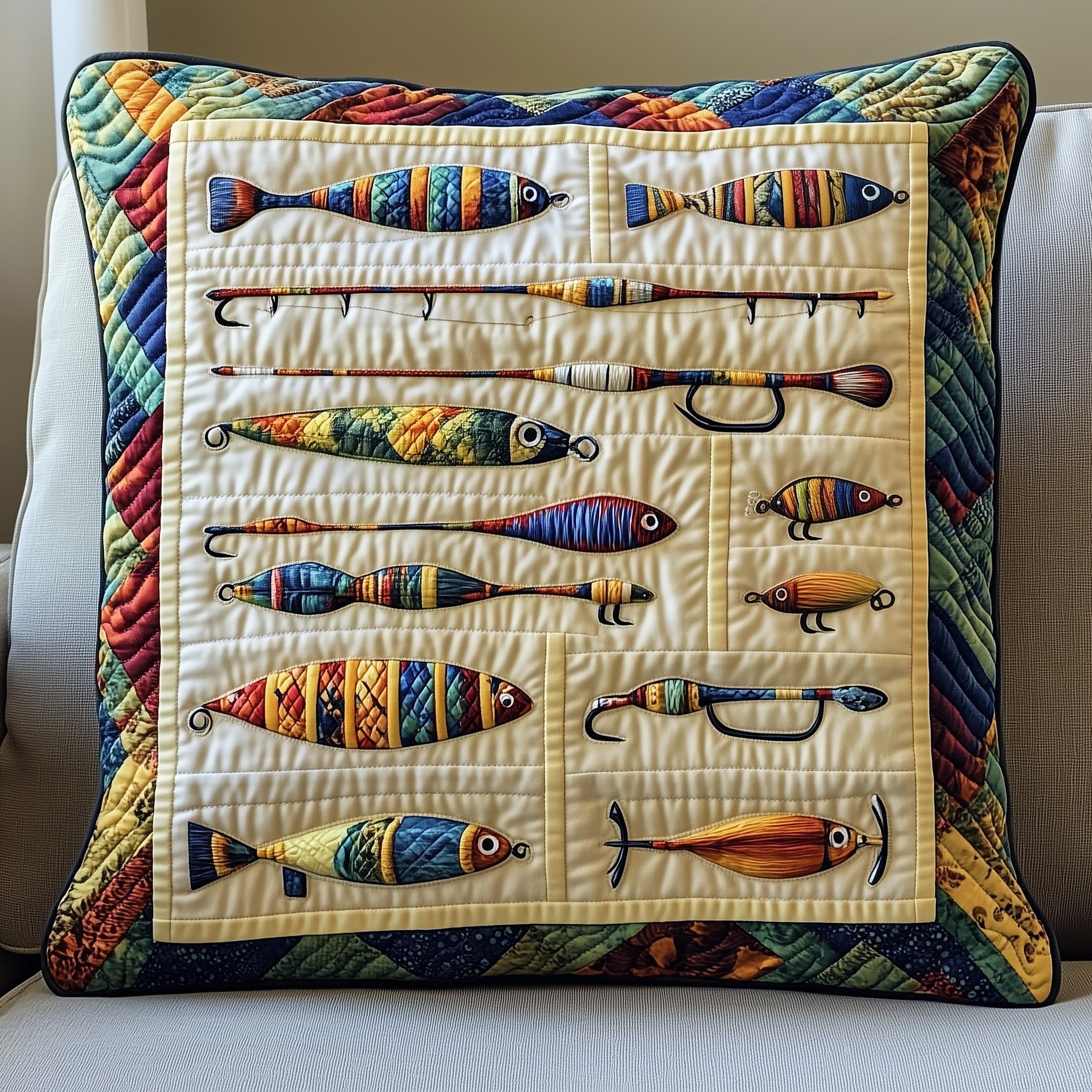 Fishing Delights Quilted Pillow Case Throw Pillow Covers Fishing Lover Gift