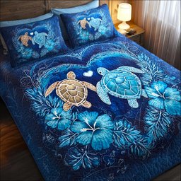 Turtle Oasis Quilted Bedding Set Cute Sea Turtle Couple Comforter Cover Gift For Grandma