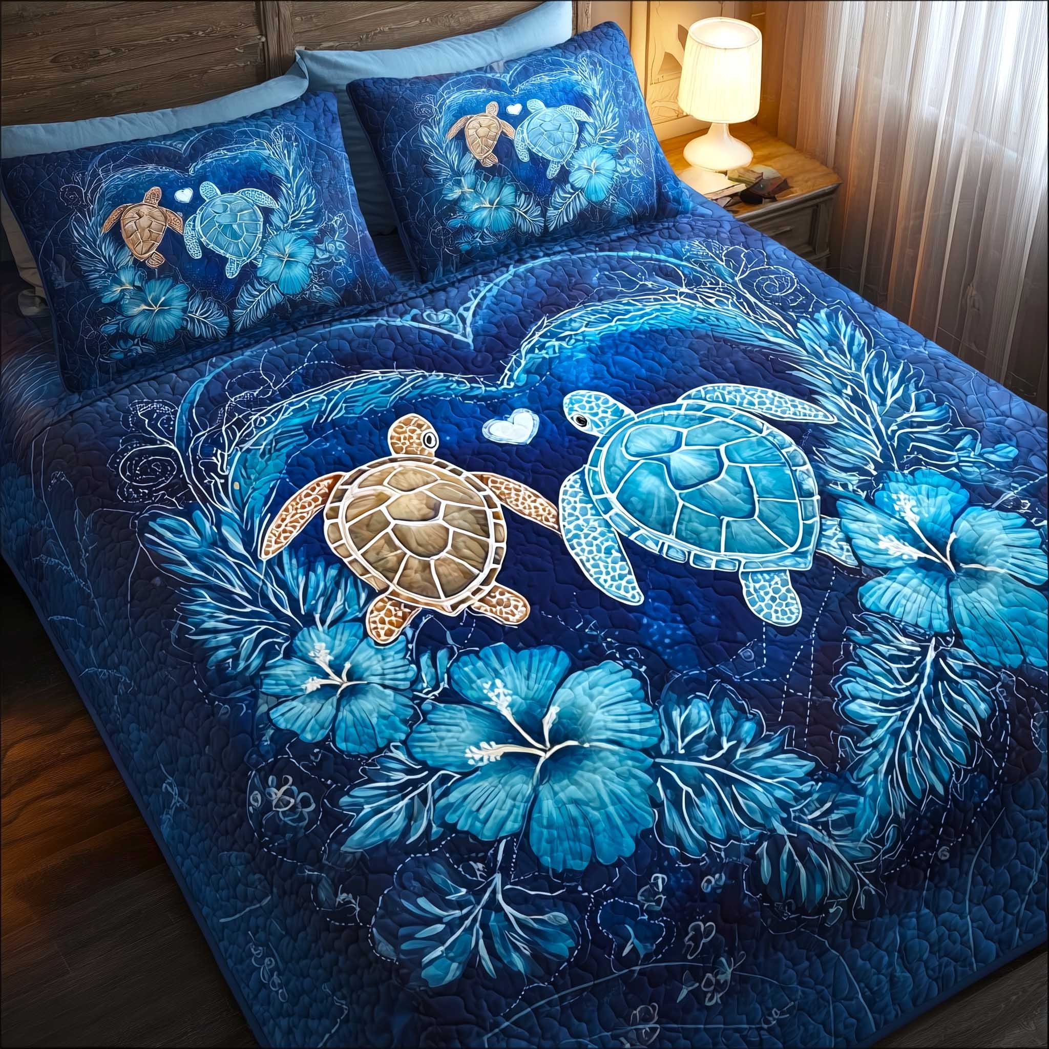 Turtle Oasis Quilted Bedding Set Cute Sea Turtle Couple Comforter Cover Gift For Grandma