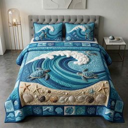 Wave Turtle Quilted Bedding Set Ocean Wave Comforter Cover Gift For Husband