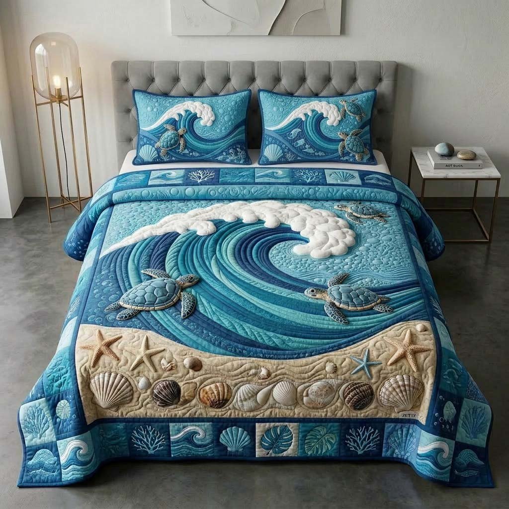 Wave Turtle Quilted Bedding Set Ocean Wave Comforter Cover Gift For Husband