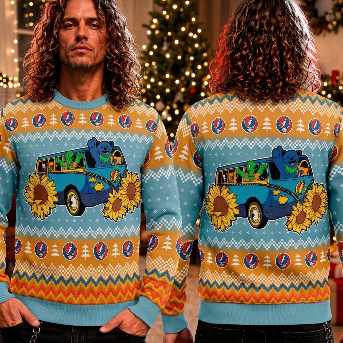 Grateful Dead Dancing Bear Sunflower Ugly Christmas Sweater Grateful Dead Xmas Wear
